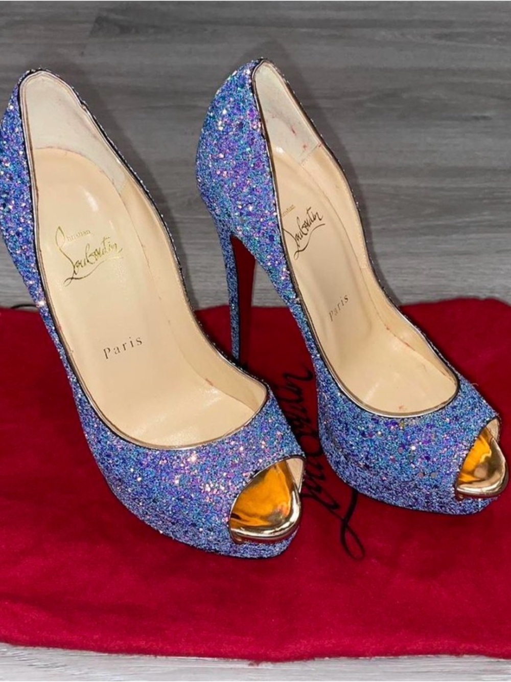 Christian Louboutin Blue Glitter Peep-Toe Stilettos with Red Sole